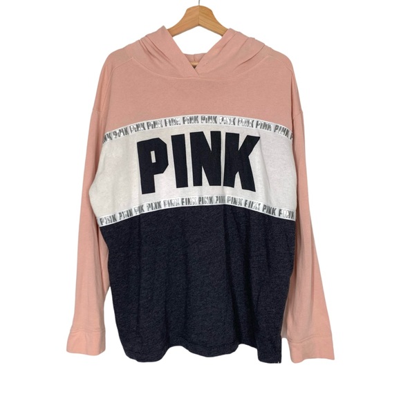 Victoria Secret Pink Hoodie Bling Tunic Sweatshirt Graphic Large Grey Pink Gold - Picture 1 of 7